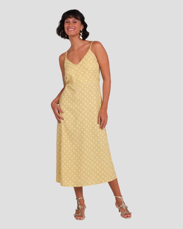 Vestido Midi Estampado com Alça Fina Cereja Rosa Amarelo