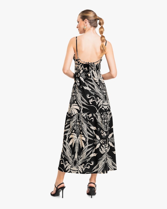 Vestido Midi Estampado com Alças Ajustáveis - Cereja Rosa - Preto-90f60e66-fe8e-442f-9c24-637a9aa6aa99