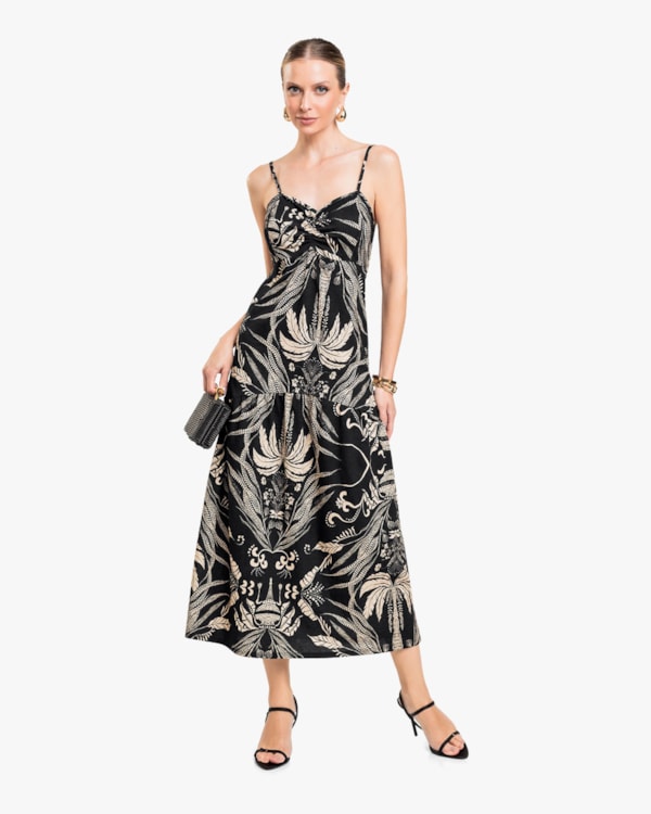 Vestido Midi Estampado com Alças Ajustáveis - Cereja Rosa - Preto