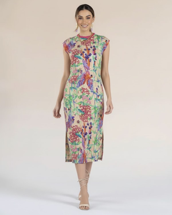 Vestido Midi Estampado com Bolso - Cereja Rosa - Deserto