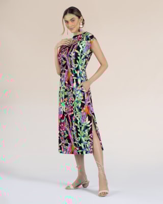 Vestido Midi Estampado com Bolso - Cereja Rosa - Preto G