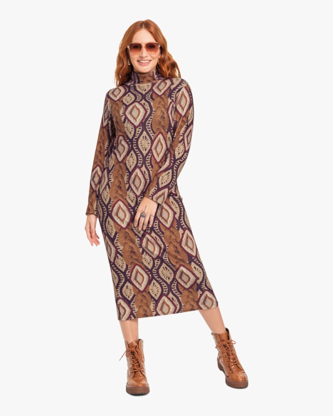 Vestido Midi Estampado em Pelo Aveludado Cereja Rosa Mostarda-5fbc289e-91de-4de7-8e7d-48c858c12b16