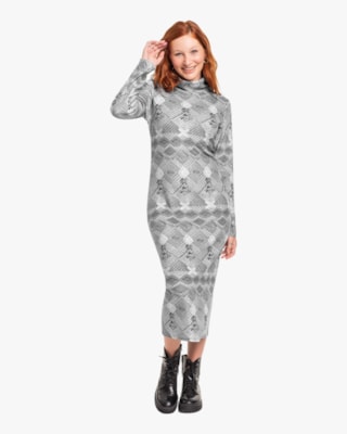 Vestido Midi Estampado em Pelo Aveludado Cereja Rosa Silver