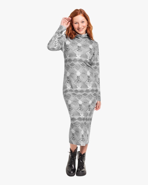 Vestido Midi Estampado em Pelo Aveludado Cereja Rosa Silver