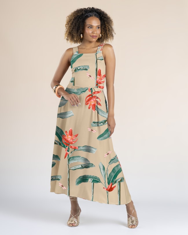 Vestido Midi Estampado em Viscose com Pregas - Cereja Rosa - Deserto-327b79f5-0758-4294-875b-816004ae36da