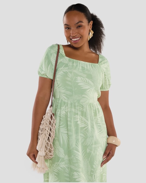 Vestido Midi Estampado em Viscose Linho - Cereja Rosa - Mint