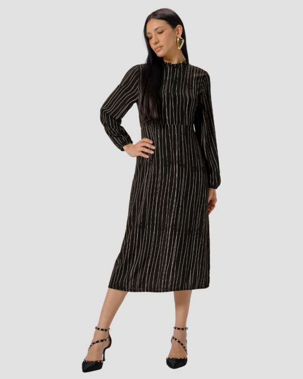 Vestido Midi Estampado Manga Longa em Viscose - Cereja Rosa - Preto