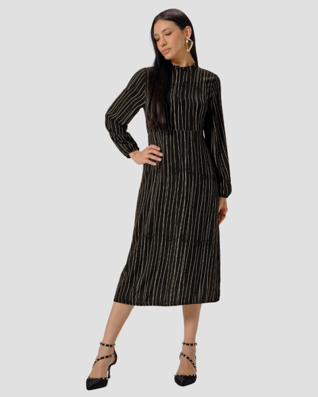 Vestido Midi Estampado Manga Longa em Viscose - Cereja Rosa - Preto-b429755c-3f9f-459b-b916-e4418cdf8b91