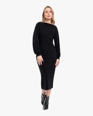 Vestido Midi Feminino em Pelo Aveludado com Manga Longa - Cereja Rosa - Preto