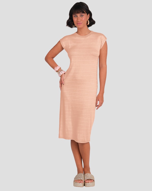 Vestido Midi Feminino em Viscose Listrada Cereja Rosa Nude