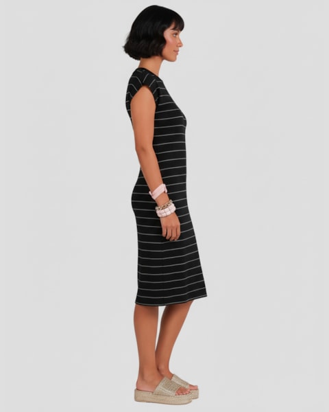 Vestido Midi Feminino em Viscose Listrada Cereja Rosa Preto