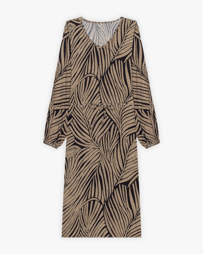 Vestido Midi Feminino Estampado com Manga Longa - Cereja Rosa - Bege-811c2595-07d0-4e67-b0f1-fd2701a455db