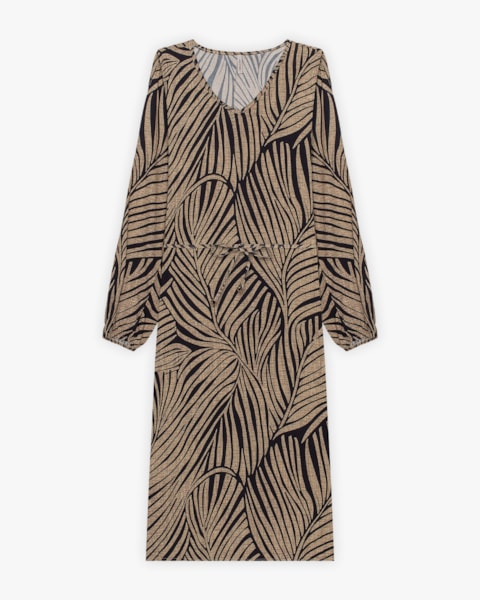 Vestido Midi Feminino Estampado com Manga Longa - Cereja Rosa - Bege