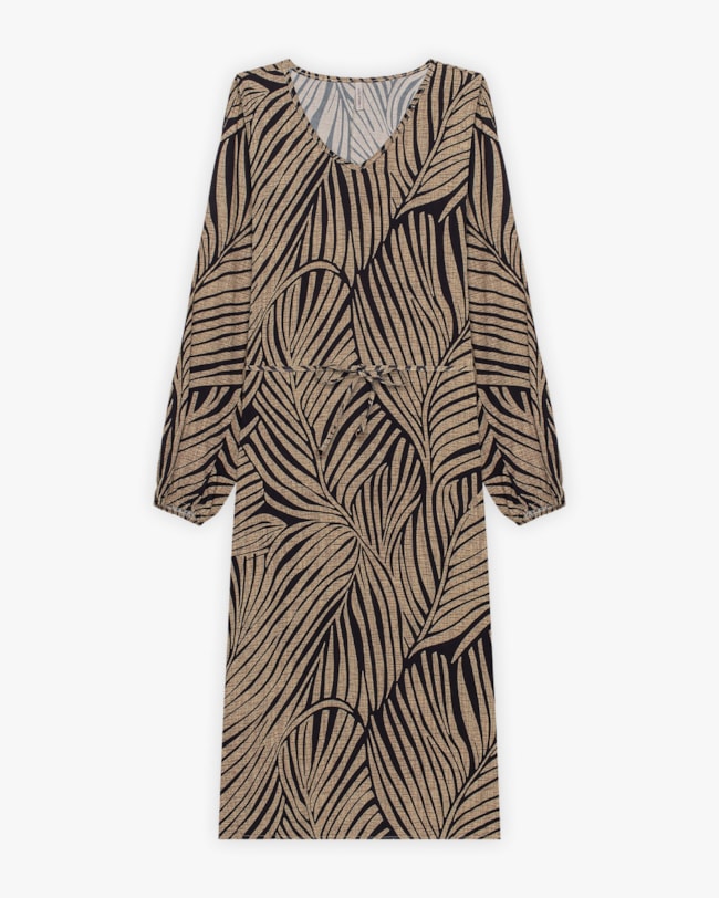 Vestido Midi Feminino Estampado com Manga Longa - Cereja Rosa - Bege-389dd45d-c415-44e6-ab21-de2e1724b95c