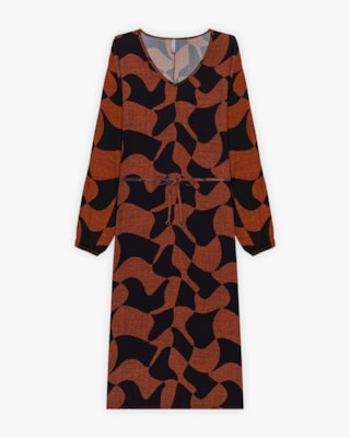 Vestido Midi Feminino Estampado com Manga Longa - Cereja Rosa - Ocre
