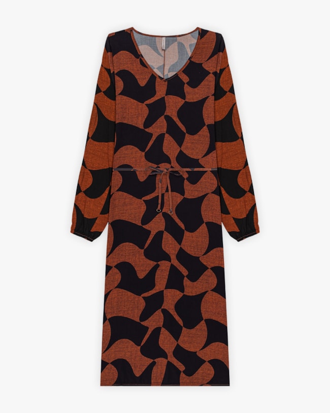 Vestido Midi Feminino Estampado com Manga Longa - Cereja Rosa - Ocre-0085b7b1-1425-434c-ad19-5e1a3ad6f697