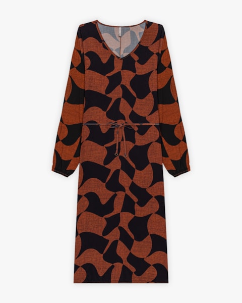 Vestido Midi Feminino Estampado com Manga Longa - Cereja Rosa - Ocre