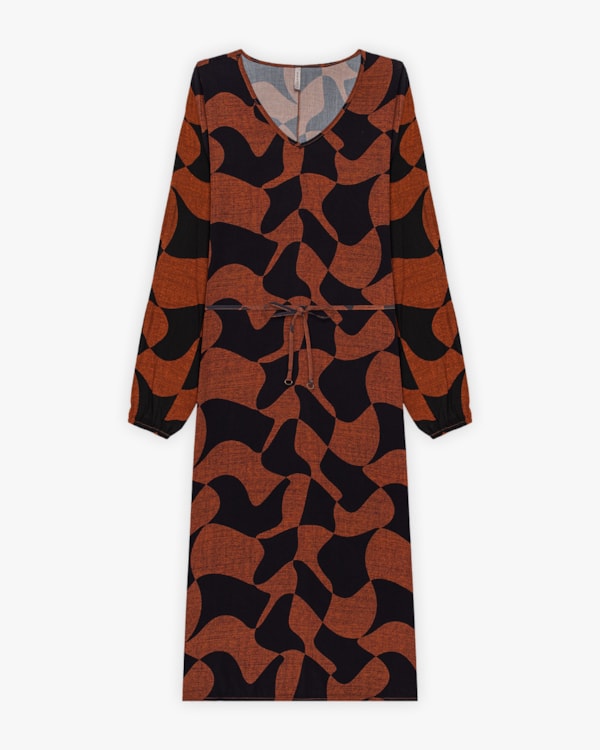 Vestido Midi Feminino Estampado com Manga Longa - Cereja Rosa - Ocre