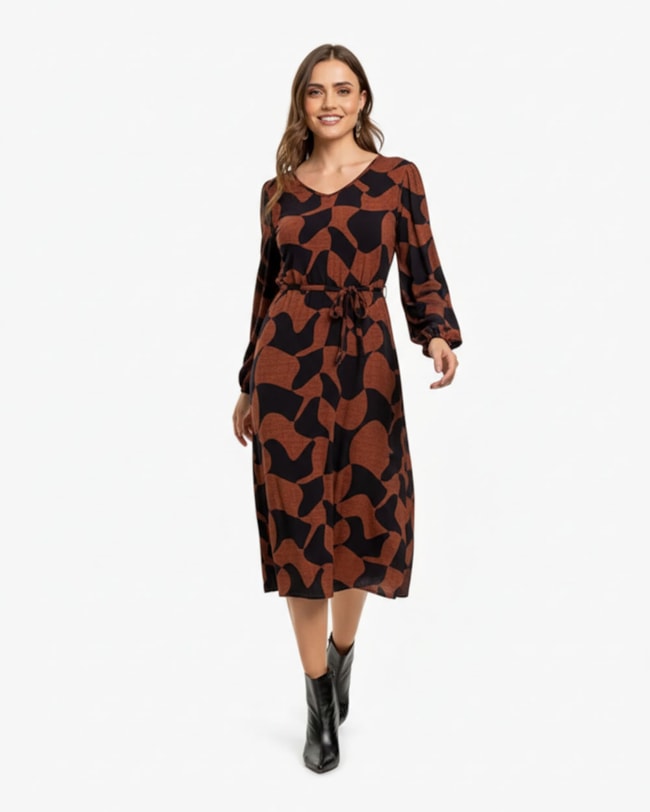 Vestido Midi Feminino Estampado com Manga Longa - Cereja Rosa - Ocre-dd43030a-d195-458a-acfb-fdd491bea859