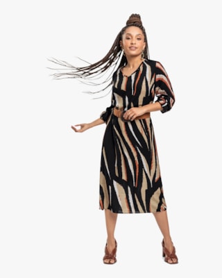 Vestido Midi Feminino Estampado com Manga Longa - Cereja Rosa - Preto