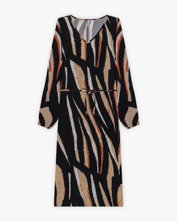 Vestido Midi Feminino Estampado com Manga Longa - Cereja Rosa - Preto