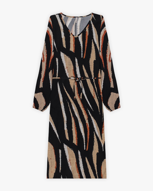 Vestido Midi Feminino Estampado com Manga Longa - Cereja Rosa - Preto-e861480f-1fa9-4b30-9016-78d58674b0eb