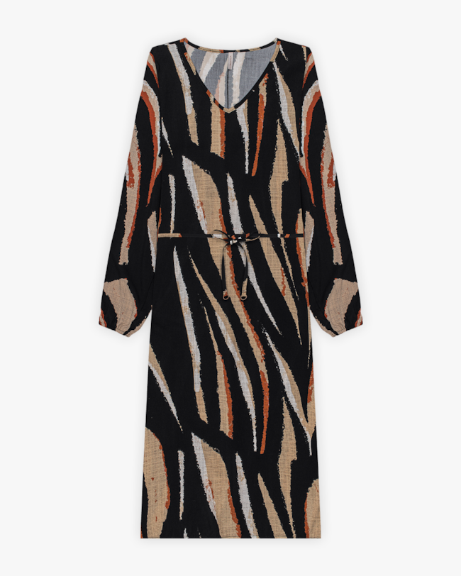 Vestido Midi Feminino Estampado com Manga Longa - Cereja Rosa - Preto-ad6cf2d8-f129-4ad0-8985-cda73d2ba12f