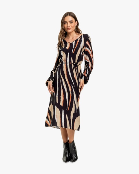 Vestido Midi Feminino Estampado com Manga Longa - Cereja Rosa - Preto