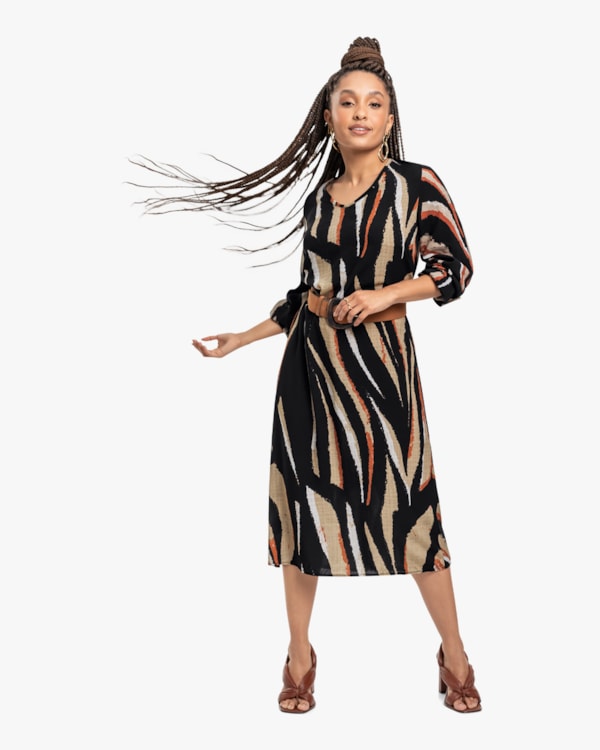 Vestido Midi Feminino Estampado com Manga Longa - Cereja Rosa - Preto