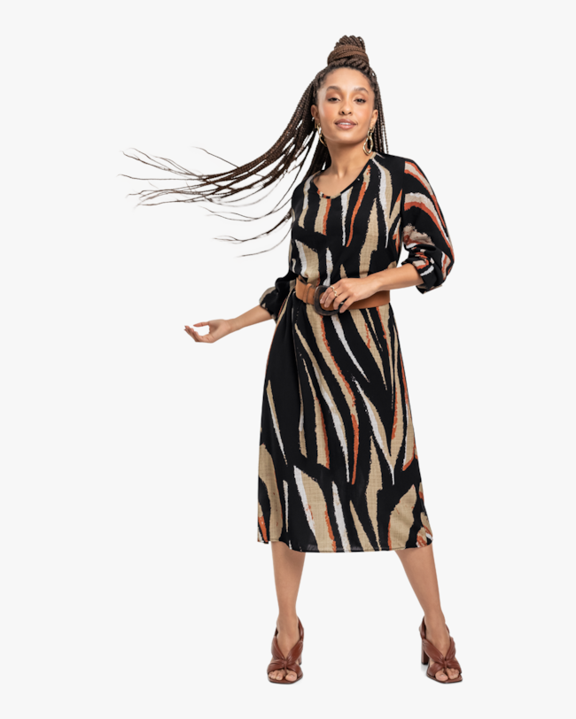 Vestido Midi Feminino Estampado com Manga Longa - Cereja Rosa - Preto-60f6be9b-66a2-47e4-8f9c-1a22db60a735