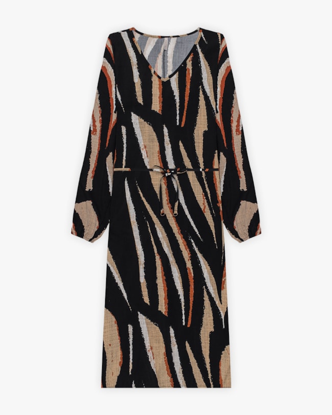 Vestido Midi Feminino Estampado com Manga Longa - Cereja Rosa - Preto-53f8ffde-b2bf-4e28-af87-b1c0465ade72