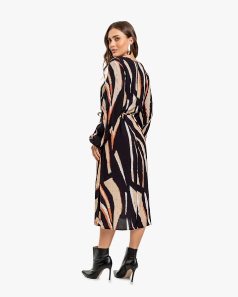 Vestido Midi Feminino Estampado com Manga Longa - Cereja Rosa - Preto