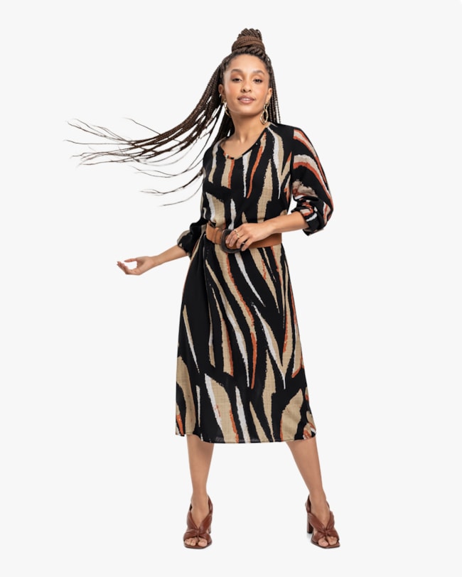 Vestido Midi Feminino Estampado com Manga Longa - Cereja Rosa - Preto-3bb732df-c81f-4966-b648-aa0e4a64b575