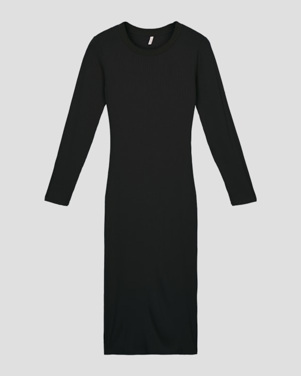 Vestido Midi Manga Longa Canelado com Retilínea - Cereja Rosa - Preto