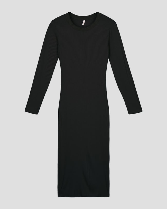 Vestido Midi Manga Longa Canelado com Retilínea - Cereja Rosa - Preto-6c191a26-bef8-4757-ad4c-f4aa5519070c