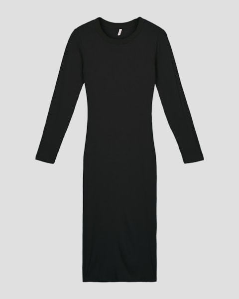 Vestido Midi Manga Longa Canelado com Retilínea - Cereja Rosa - Preto