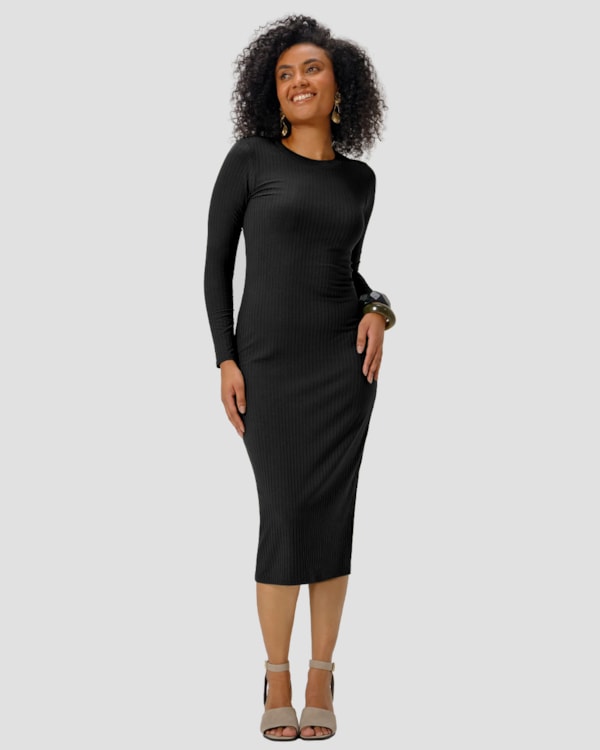 Vestido Midi Manga Longa Canelado com Retilínea - Cereja Rosa - Preto