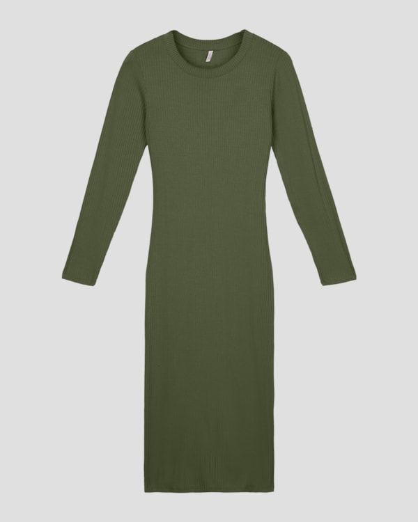 Vestido Midi Manga Longa Canelado com Retilínea - Cereja Rosa - Verde