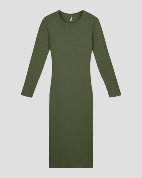 Vestido Midi Manga Longa Canelado com Retilínea - Cereja Rosa - Verde