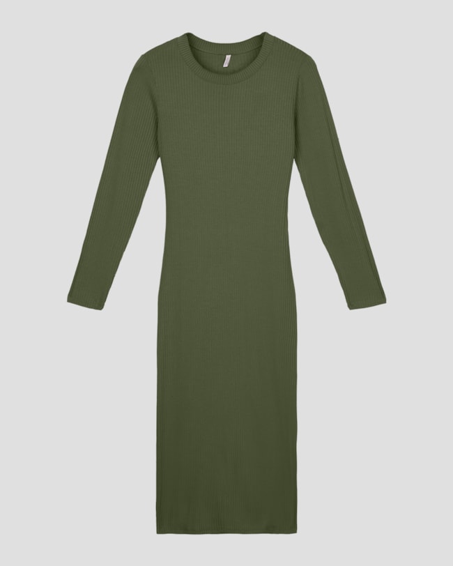 Vestido Midi Manga Longa Canelado com Retilínea - Cereja Rosa - Verde-7d183af1-ea18-41c2-9b01-3ecc16348ec0