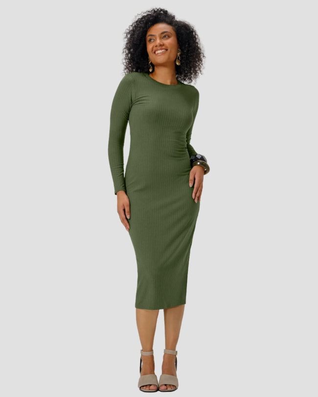 Vestido Midi Manga Longa Canelado com Retilínea - Cereja Rosa - Verde-4def934c-a325-426e-95a0-a6bb82d3138d