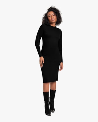 Vestido Midi Manga Longa em Viscose Preto Cereja Rosa