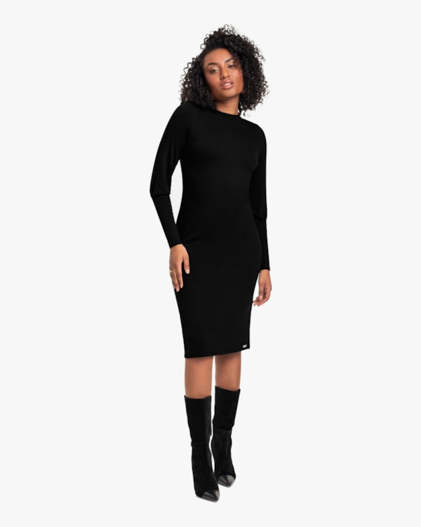 Vestido Midi Manga Longa em Viscose Preto Cereja Rosa