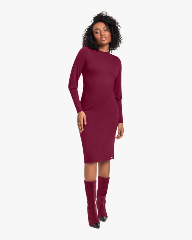 Vestido Midi Manga Longa em Viscose Vinho Cereja Rosa-1328f33f-88f1-4e27-9f5a-3db1589b9084