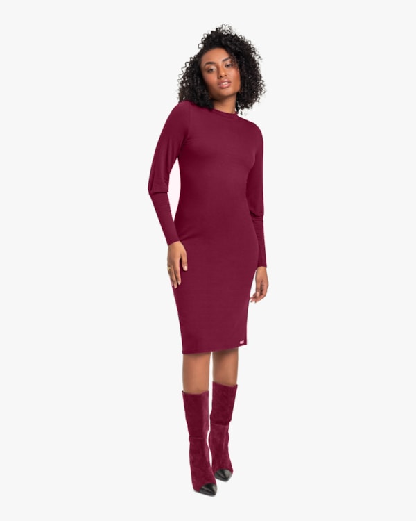 Vestido Midi Manga Longa em Viscose Vinho Cereja Rosa