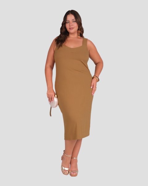 Vestido Midi Plus Size Canelado Alça Larga Cereja Rosa Marrom