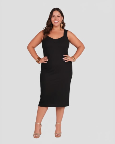 Vestido Midi Plus Size Canelado Alça Larga Cereja Rosa Preto