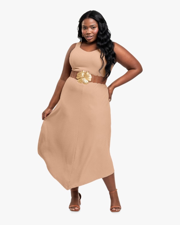 Vestido Midi Plus Size Canelado com Barra Assimétrica - Cereja Rosa -Toffee