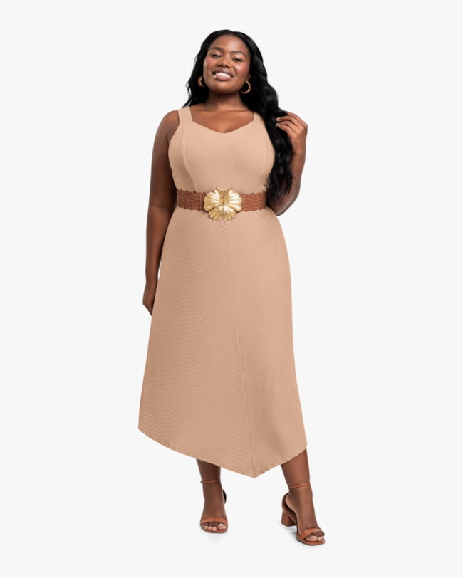 Vestido Midi Plus Size Canelado com Barra Assimétrica - Cereja Rosa -Toffee-e3884a91-70f4-4534-9eea-193f952e8819