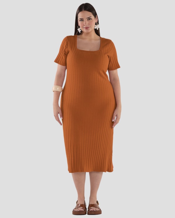 Vestido Midi Plus Size Canelado com Decote Quadrado - Cereja Rosa - Inca